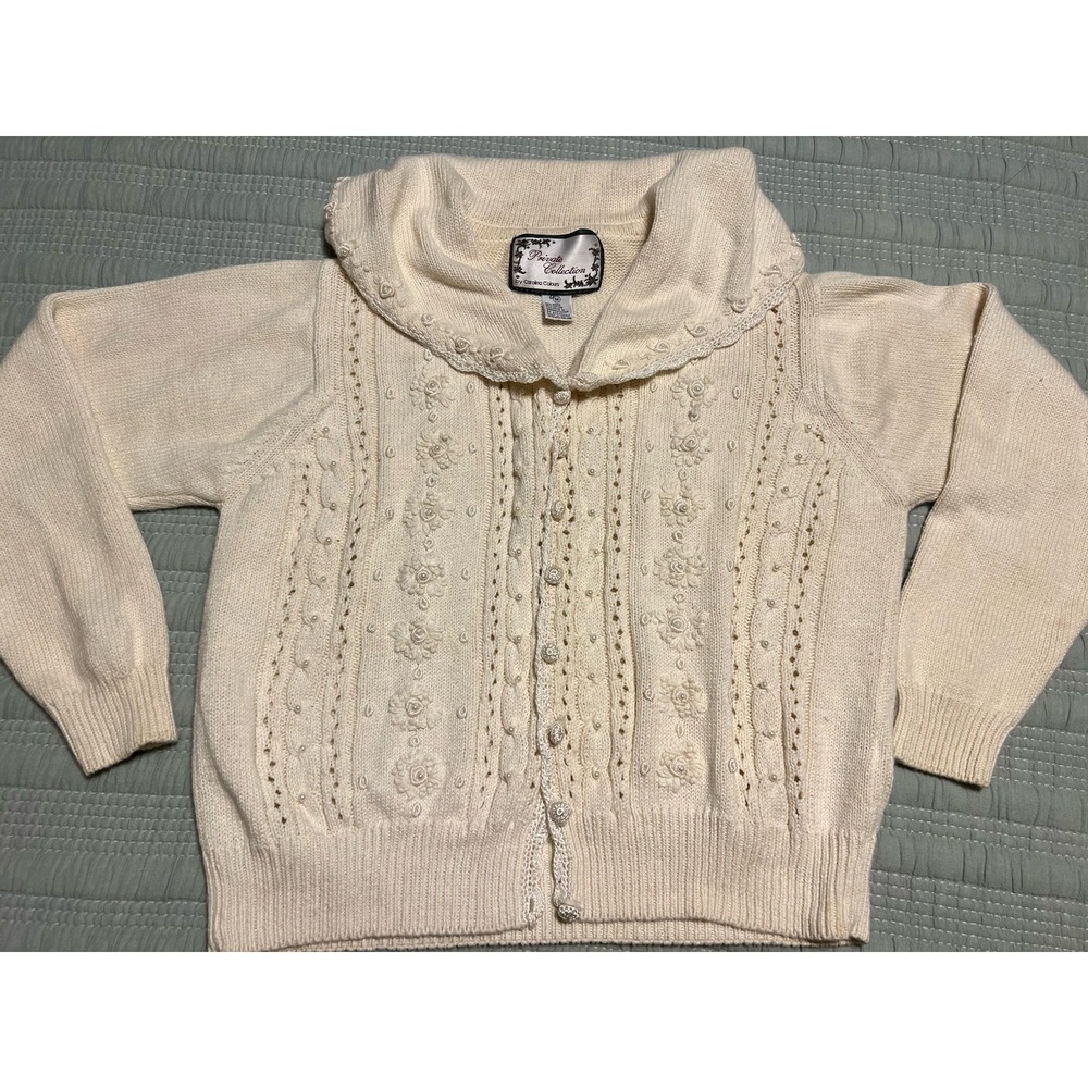 VTG Private Collection Cream Beaded Embroidered Scalloped Collar Cardigan M